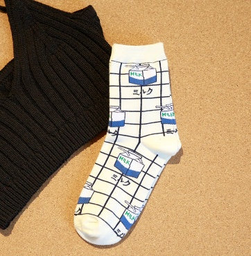 Milk Grid Crew Socks - SARAH SOCKS
