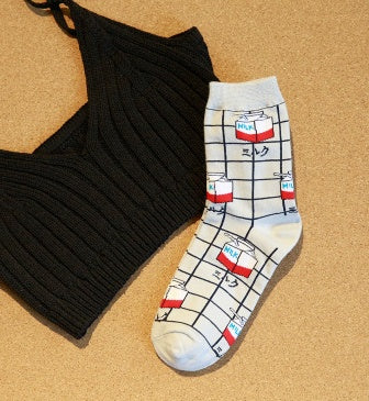 Milk Grid Crew Socks - SARAH SOCKS