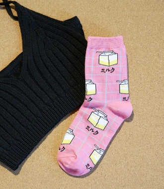 Milk Grid Crew Socks - SARAH SOCKS