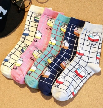 Milk Grid Crew Socks - SARAH SOCKS